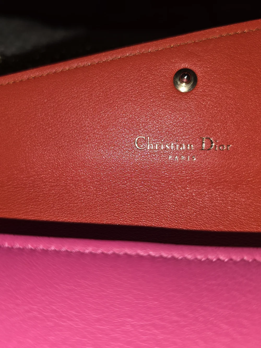 DiorTwo-Tone Pink and Orange Leather Wallet with Gold Chain